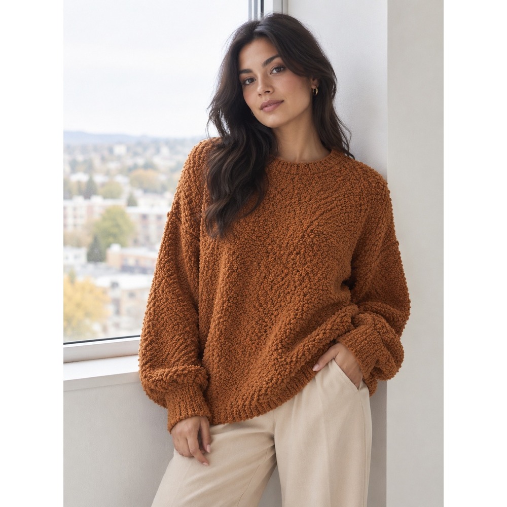 Zenana Popcorn Knit Sweater XL Rust Orange Crewneck Pullover TW-2735AB Boho Cozy